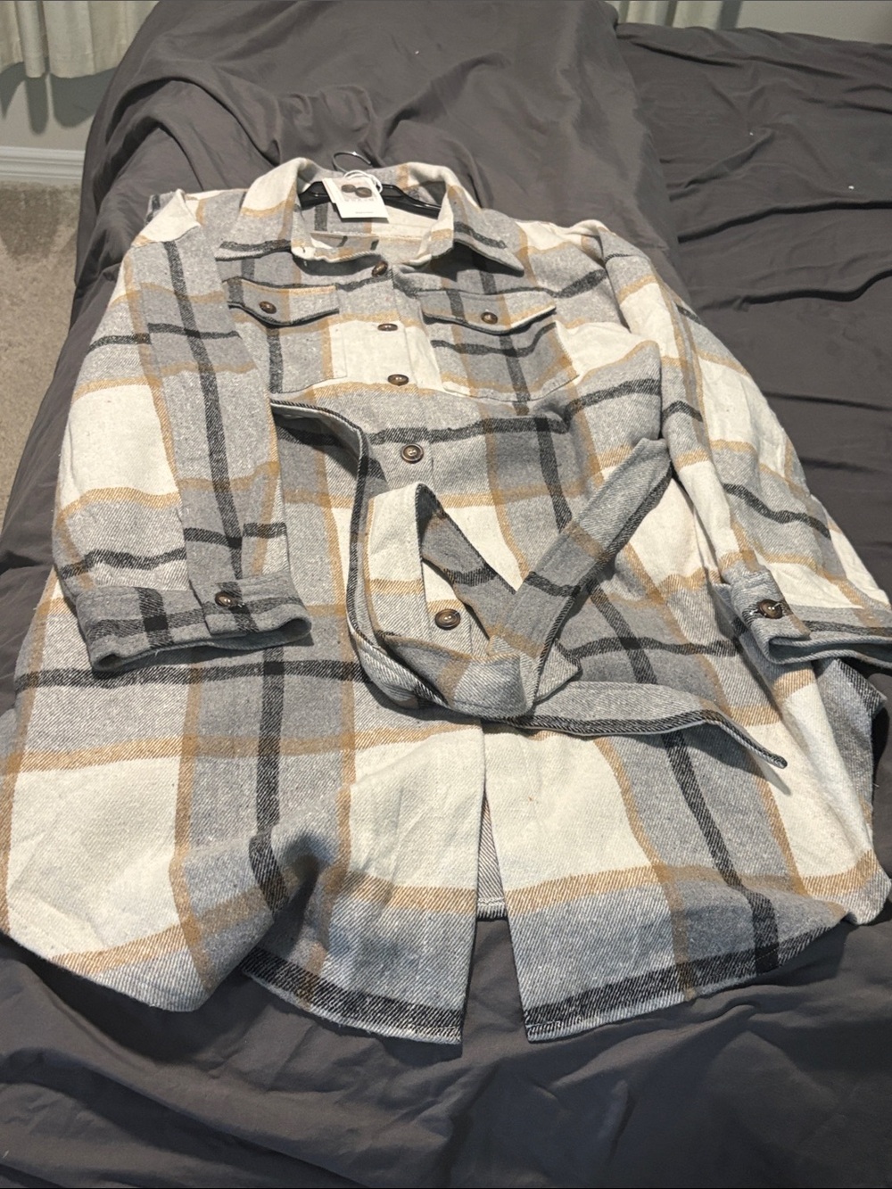 Plaid Belted Shacket in Cream, Gray & Tan